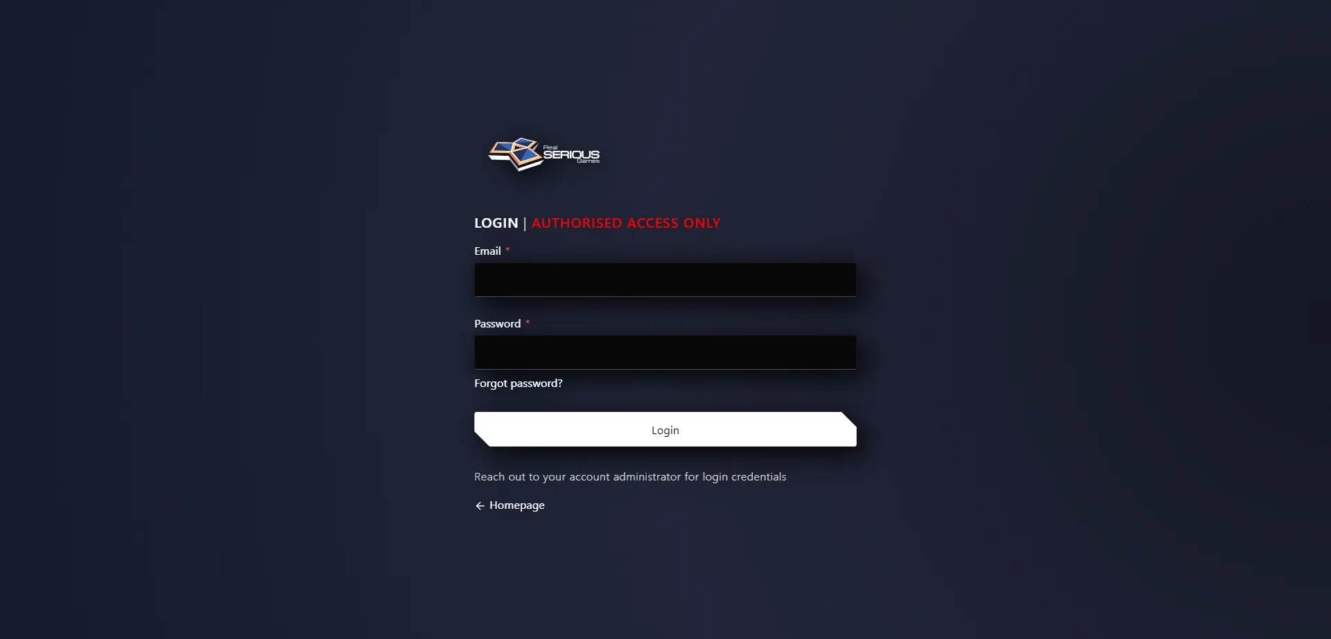 RSG website login screen in the dark visual style