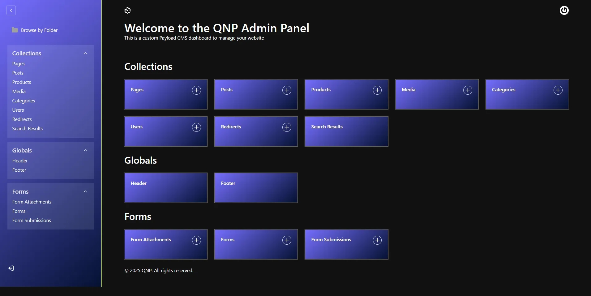 QNP Group Payload CMS collections in the dark interface