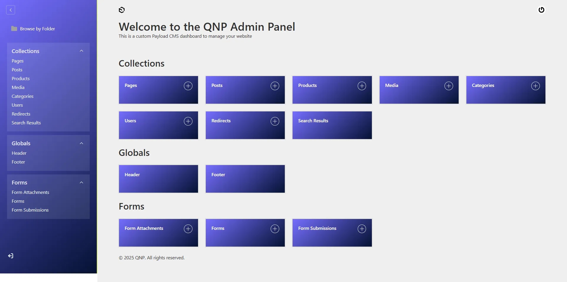 QNP Group Payload CMS collections in the light interface